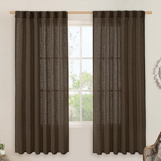 LAMIT Dark Brown 72 inch Linen Curtains for Living Room 2 Panels, Linen Textured Light Filtering Semi Sheer Back Tab and Rod Pocket Farmhouse Curtain Panels for Bedroom/Farmhouse, 52 x 72 Inch
