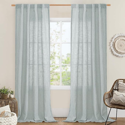 LAMIT Greyish Blue Linen Boho Curtains 84 inch Length 2 Panels, Light Filtering Semi Sheer Panels Back Tab and Rod Pocket Neutral Drapes for Bedroom/Living Room, 34 x 84 Inch