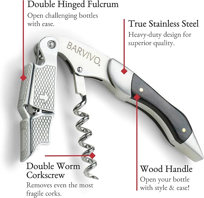 Barvivo Wine Opener with Foil Cutter and Cap Remover - Double Hinged Corkscrew for Bartenders - Stainless Steel Wine Key for Easy Bottle Opening - Manual Wine Bottle Opener - Ebony Wood, 4.7x1.2-Inch