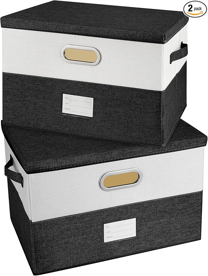 Large Linen Fabric Foldable Storage Bins with Removable Lid and Handles, Washable Storage Box Organizer Containers Baskets Cube with Cover for Bedroom,Closet,Office(Black&White, Large(2-Pack))