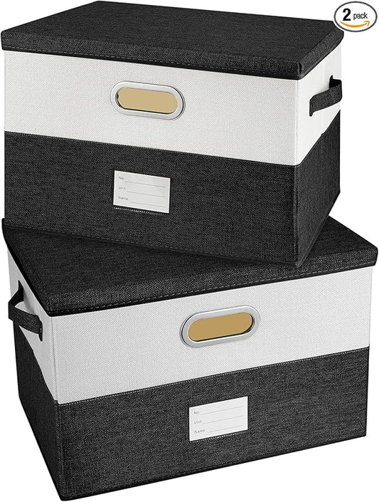 Large Linen Fabric Foldable Storage Bins with Removable Lid and Handles, Washable Storage Box Organizer Containers Baskets Cube with Cover for Bedroom,Closet,Office(Black&White, Large(2-Pack))