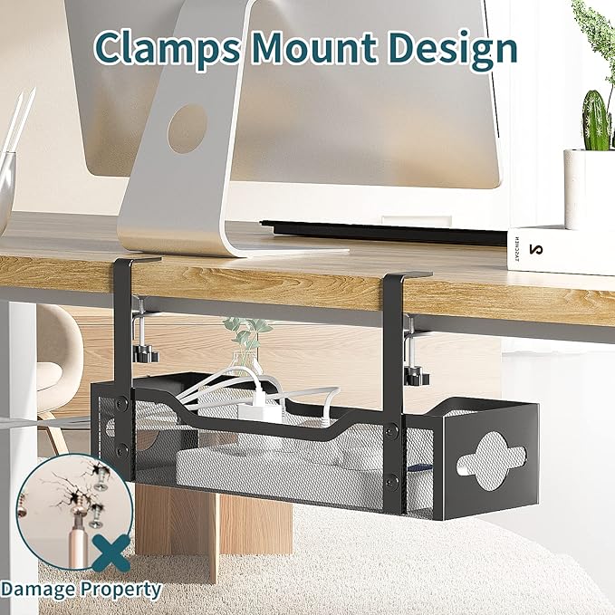 Under Desk Cable Management Tray No Drill, Metal Mesh Cable Management Under Desk with Clamp Mount, 2 Hole Cable Tray with Wire Management and Cord Organizer for Home Office Standing Desk
