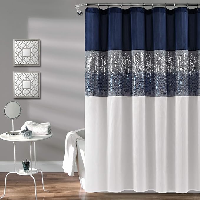 Lush Decor Night Sky Shower Curtain, Single, 72" W x 84" L, Navy & White - Sequin Shower Curtain - Sparkly Color Block Bath Curtain - Modern Glam Bathroom Decor - Extra Long Shower Curtain