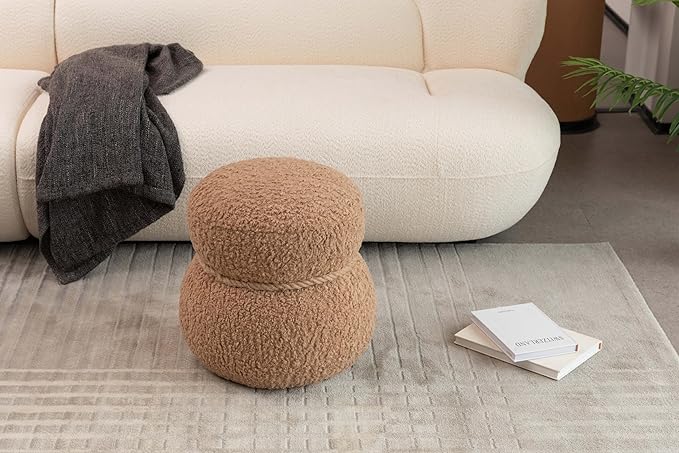 Snowman Footstool Ottoman Vanity Stool Small Upholstered Boucle Ottoman Shoe Stool Cute Stool Sofa Footrest Stool for Living Room Bedroom Entrance (Light Brown)