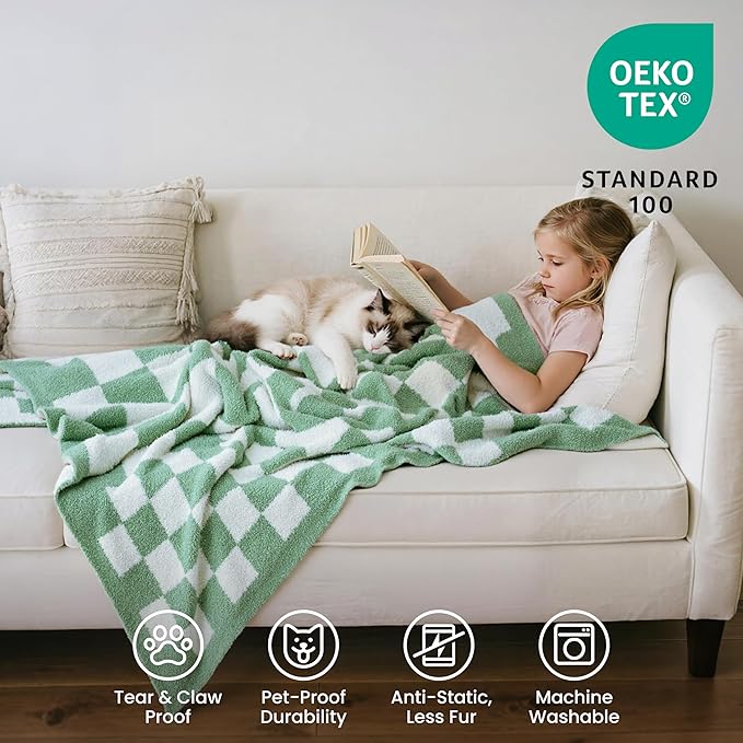 Joiedomi Twin Blanket for Couch, Sage Green Checkered Knitted Blankets Gifts for Women Mom Girls, Cozy Cute Soft Throw Home Room Decor Aesthetic Women Mothers Birthday Gifts 60x80 Inches