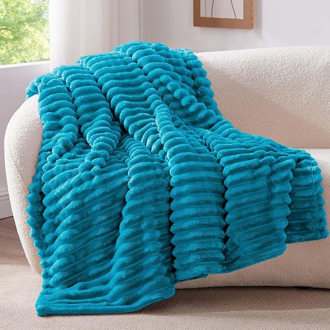 BEDELITE Fleece Throw Blanket for Couch - 300GSM Soft & Warm Fluffy Teal Blanket, Decorative and Giftable Striped Blankets for Women, Men, 50"x60"