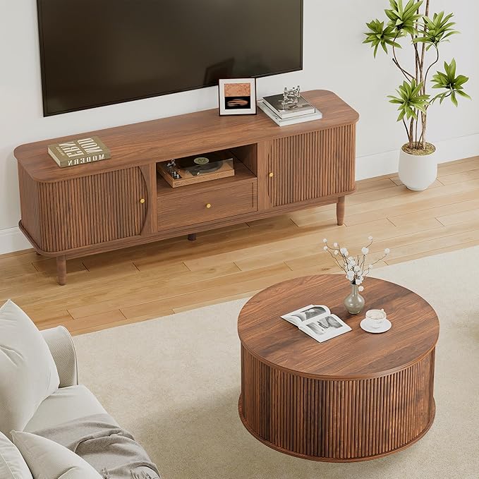 Lift Top Coffee Table, Fluted Round Coffee Table with Storage, Farmhouse Center Dining Table Circle Table for Living Room, Apartment, Home Office (Walnut)