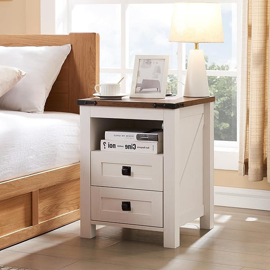 RedLemon Farmhouse Nightstand with Charging Station, Rustic 18 Inch End Table with 2 Storage Drawers and Open Shelf, Wood Sofa Side Table for Bedroom, Living Room (Antique White)
