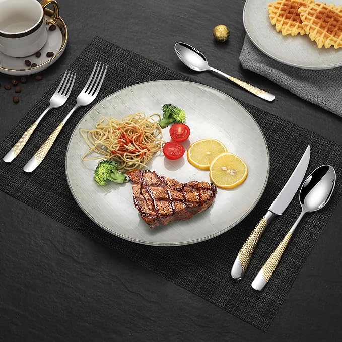 Lemeya 20-Piece Hammered Silver Gold Silverware Set for 4 with Serrated Forging Knives,18/10 Stainless Steel Modern Flatware Set,Unique Cutlery Set Spoons and Forks Set,Mirror Polished,Dishwasher Safe