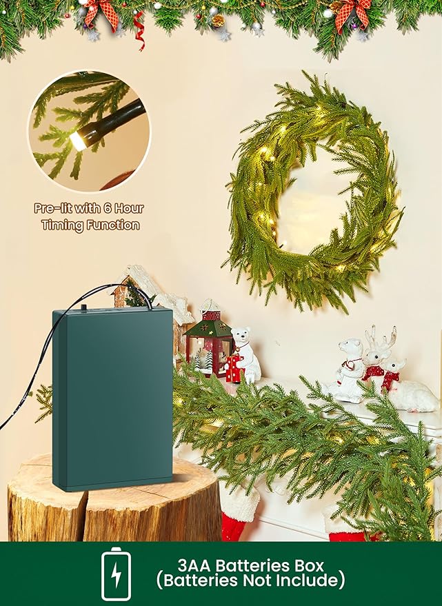 Brightown Pre-lit Christmas Garland with Lights, 6 Feet 20 LED Lighted Green Pine Leaves Garland Decorated, Battery Operated, Indoor & Outdoor Christmas Lights for Mantle Fireplace Stairs Wall Door