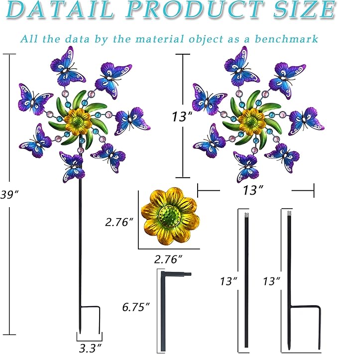 39" Butterfly Wind Spinner for Yard and Garden Stake,Outdoor Metal Windmill,Single Direction Wind Sculptures, Kinetic Windmills for Garden Decorations.