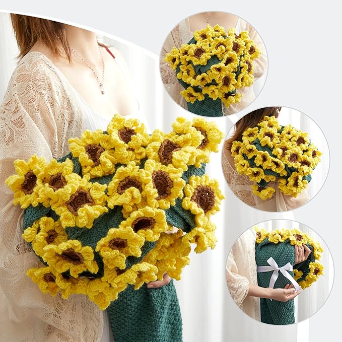 Flower Bouquet Blanket Gifts for Mom Grandma Wife Girlfriend,Completed Crochet Flower Blanket,Soft Knitted Throw Blankets,Gifts for Her Christmas Birthday Anniversary (Yellow Sunflowers)