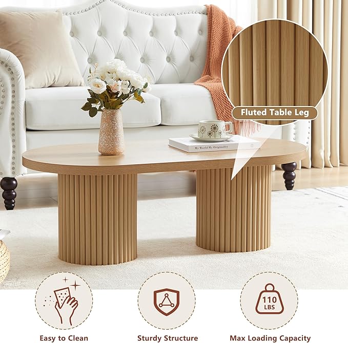 AVZEAR Fluted Oval Coffee Table for Living Room, Boho Modern Coffee Table with Fluted Legs, Curved Round Wood Center Table for Home, Small Spaces, Office, Natural Color(39.38" x 19.69" x 13.78")
