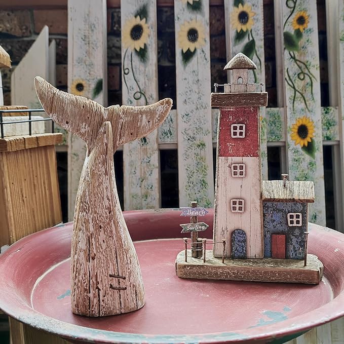 Aecipl Nautical Home Decor Wood Whale Tail Tabletop Statue Decorative Rustic Sculpture Ocean Beach Coastal Themed Figurine Whale Ornament Bathroom Shelf Decoration (8.5" H)