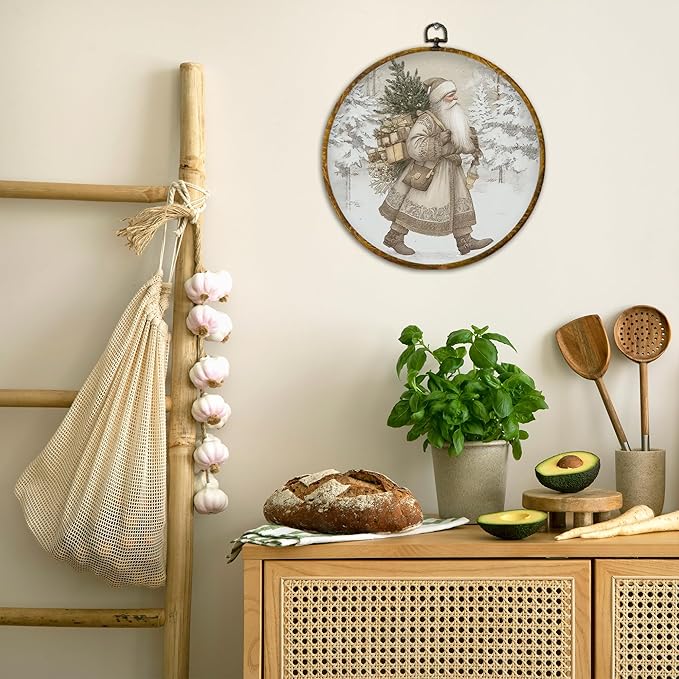 QZQE Vintage Christmas Santa Round Wall Art Decor Framed, Antique Christmas Circle Canvas Prints, Rustic Winter Neutral Xmas Santa Circular Wall Hanging Decor for Home Bedroom Living Room, 10x10 Inch