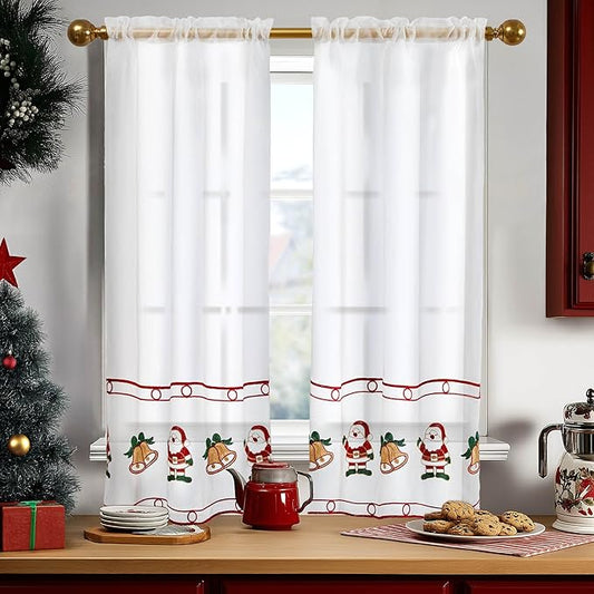 Deconovo Christmas Kitchen Tier Curtains, Embroidered Cafe Tiers, Semi Sheer Window Treatment with Rod Pocket, Light Filtering for Small Windows, Door & Sink Areas, 28W x 45L, Santa Claus, 2 Panels