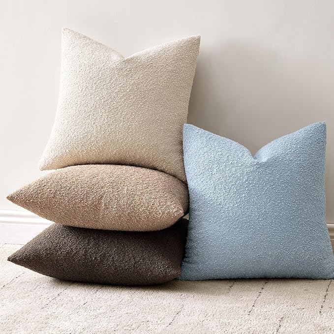Woaboy Pack of 2 20x20 Inch Decorative Boucle Throw Pillow Covers Textured Square Pillowcaes Accent Solid Cozy Soft Cushion Covers Home Decor for Sofa Couch Living Room Home Decor,Coastal Light Blue