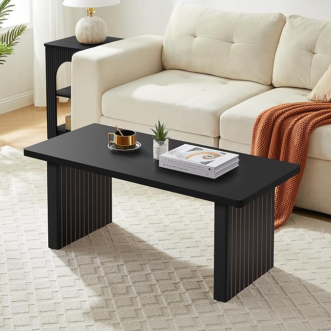 AVZEAR 43Inch Fluted Wooden Coffee Table for Living Room, Mid Century Modern Coffee Table with Sturdy Fluted Legs & Rounded Corner, Curved Rectangle Center Table for Home, Office, Cafe, Black