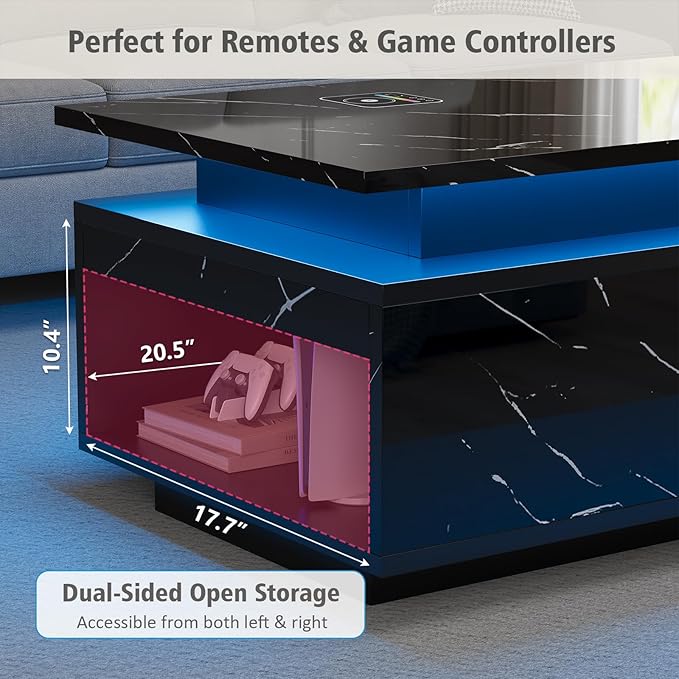 LED Coffee Table with Storage, Black Coffee Table with Wireless Charging and Speaker, High Glossy Modern Center Table with 24 Color LED Lights for Living Room Bedroom, Black