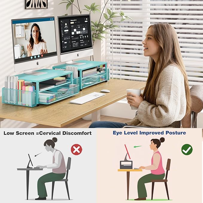 Desk Organizers and Accessories, 2-Tier Computer Monitor Stand Riser with Drawer and 2 Pen Holders, Laptop Stand, Office Desk Accessories for Office Supplies, Teal Blue