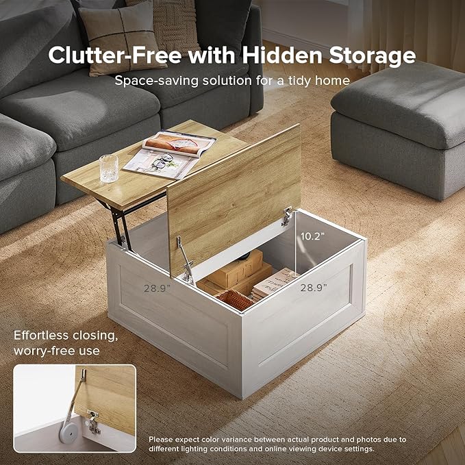 mopio Blake Lift Top Coffee Table with Storage, Modern Farmhouse Square Wood Center Coffee Table with Easy Lifting Top, Chamfered Edge & Soft Closing (White Oak)