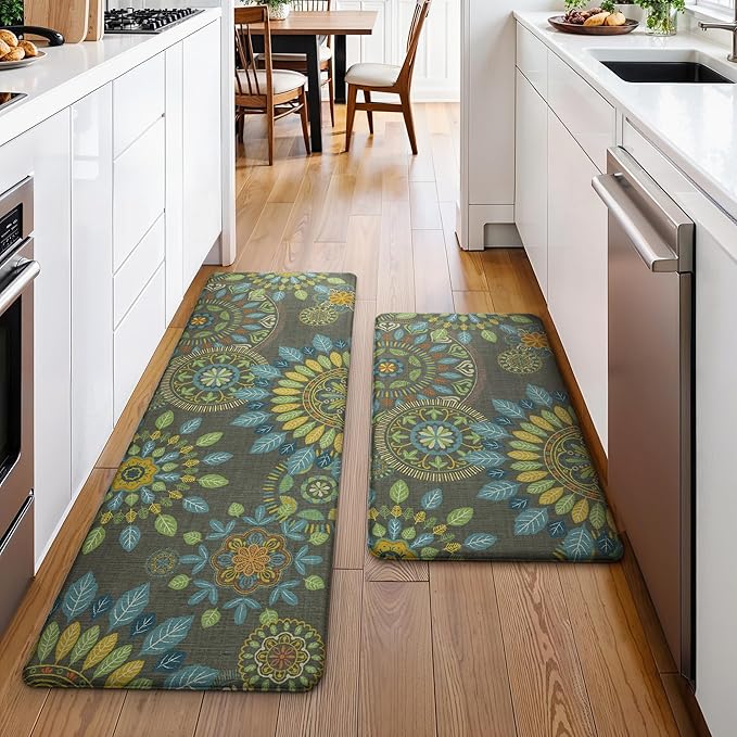 GENIMO Kitchen Mats for Floor 2PCS, Cushioned Kitchen Rugs Non Slip Washable, Farmhouse Anti Fatigue Mat Waterproof, Comfort Standing Mat Rug for Office, Home, Laundry, 17.3"x47"+17.3"x30", Green