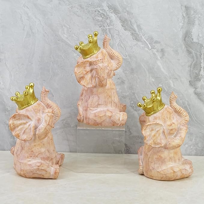 8-inch Resin Cartoon Three Hear-No, See-No, Speak-No Evil Stacked Elephants Collectible Statue Wood Grain Elephant Gift for Women, Boho Decor for Living Room