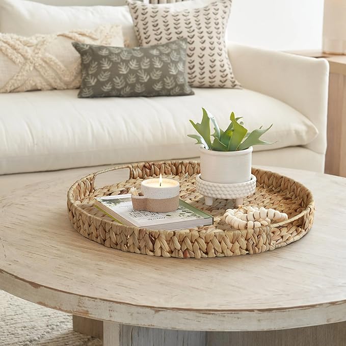 Extra Large Round Ottoman Table Tray with Handles - 19.7" Water Hyacinth Wicker Serving Tray for Farmhouse Decorative Oversized Coffee Table Trays Living Room Kitchen Counter Breakfast