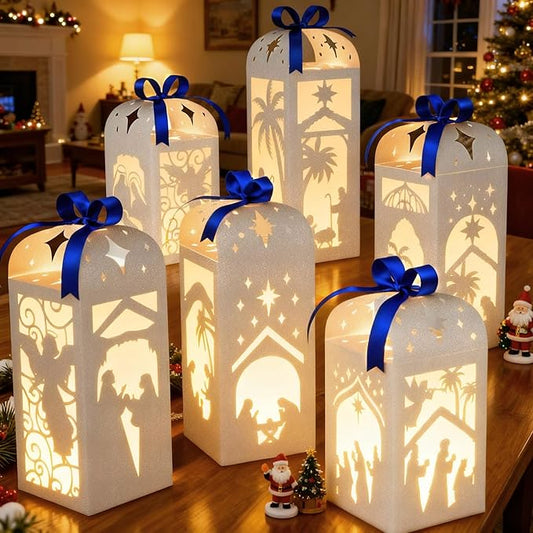 OuMuaMua Christmas Nativity Centerpiece Table Decorations, 6 Pcs Light Up Nativity Scene Paper Lanterns Decorative Glitter Table Centerpiece Boxes for Religious Xmas Holiday Party Home Decor