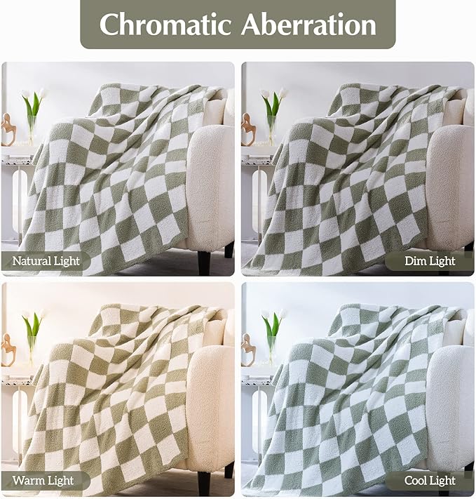 WRENSONGE Checkered Throw Blanket, Sage Green Soft Cozy Fluffy Hand Made Throw Blankets for Couch, Sofa, Chair, Bed, Camping, Picnic, Travel Lightweight Bed Blankets for Women Mothers Birthday Gifts