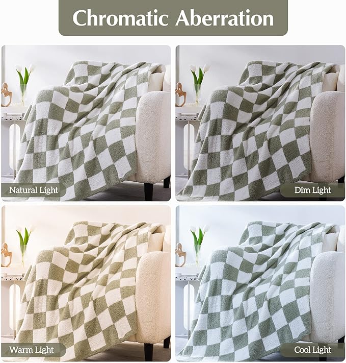 WRENSONGE Checkered Throw Blanket, Sage Green Soft Cozy Fluffy Warm Hand Made Throw Blankets for Couch, Sofa, Chair, Bed, Camping, Picnic, Travel Lightweight Bed Blanket - 90"*108"