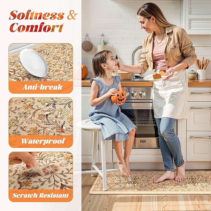 Collive Kitchen Mats for Floor, Cushioned Anti Fatigue Mat Non Skid Waterproof Kitchen Rugs Set of 2, Fall Orange Floral Comfort Standing Rug for Sink, Laundry, Home Decor, 17"x29"+17"x47"