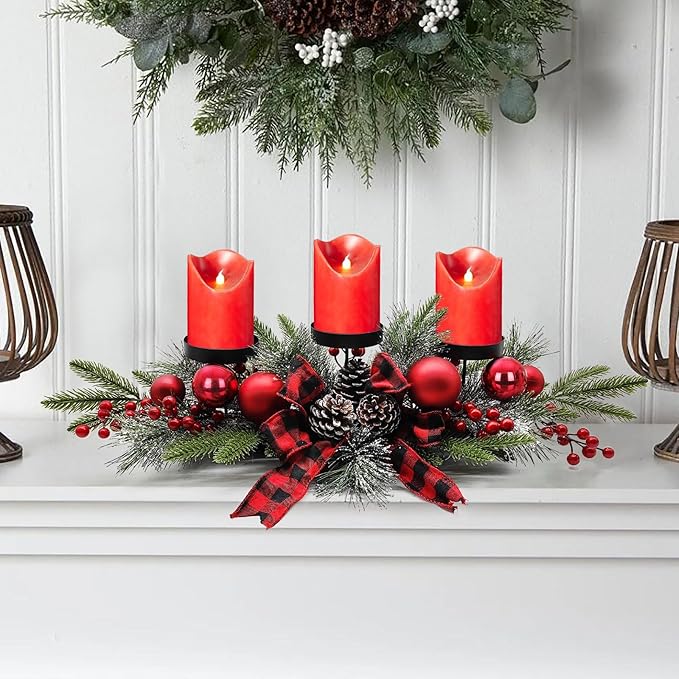 Christmas Table Centerpieces Decorations, 27.5 Inch Designed with Golden Bowknot Baubles Ornaments, Artificial Golden Berries and Pine Cones for Dining Room Table (Red Ball)