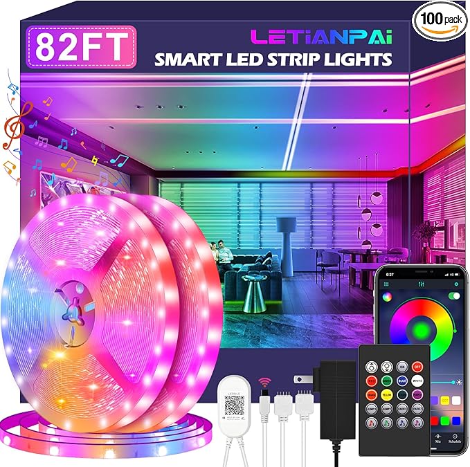 LETIANPAI Led Strip Lights, 82ft/25m Long Smart Led Light Strips Music Sync 5050 RGB Color Changing Rope Lights,Bluetooth APP/IR Remote/Control Led Lights for Bedroom,Home Decoration,Party,Festival