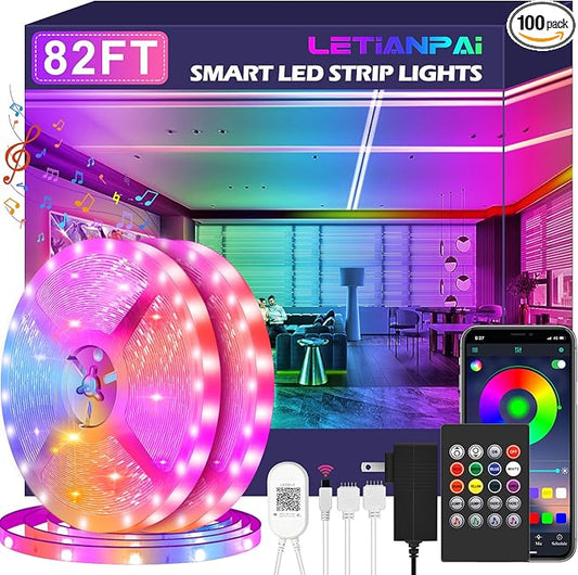 LETIANPAI Led Strip Lights, 82ft/25m Long Smart Led Light Strips Music Sync 5050 RGB Color Changing Rope Lights,Bluetooth APP/IR Remote/Control Led Lights for Bedroom,Home Decoration,Party,Festival