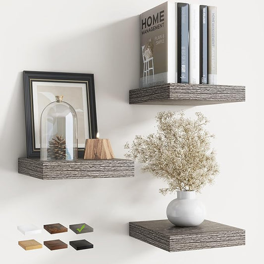 8 Inch Square Floating Shelves for Wall 3 Pack, 8"D Wood Grain Bathroom Shelves with Invisible Brackets, Easy Install Engineered Wood Storage Shelves for Kitchen, Living Room, Bedroom, Grey Oak Finish