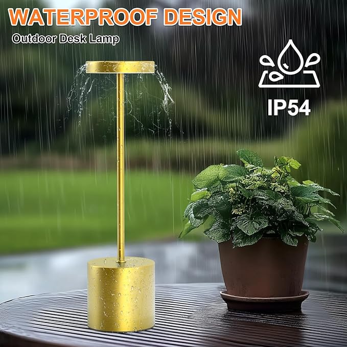 Cordless Table Lamp – 2 Pack Rechargeable Table Lamps, 5000mAh Battery Operated Lamp with 3-Color Dimmable Light, Outdoor Table Lamp for Bedroom, Restaurant, Patio, Home Décor (Gold)