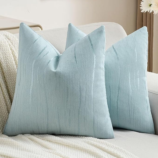 FUTEI Light Blue Chenille Decorative Throw Pillow Covers 26x26 Inch Set of 2,Soft Embossed Striped Textured Euro Pillow Shams,Modern Home Decor for Couch Bed Living Room