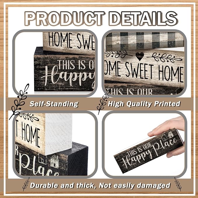 4 Pcs Farmhouse Kitchen Decor Black and White Farmhouse Tiered Tray Decor Home Sweet Home Centerpiece Wooden Heart Rustic Decorative Block Sign for Table Kitchen Shelf Desk Decoration