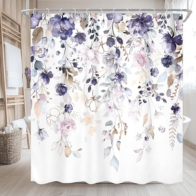 Purple Floral Flower Shower Curtain 72Wx72L Inch Girls Girly Boho Watercolor Wildflower Eucalyptus Leaf Spring Botanical Plant Bathroom Set Rustic Bath Curtain Bathtub Accessories Home Decor