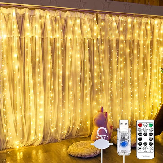 600LED Curtain Lights for Bedroom, 19.6ft x 9.8ft Fairy Curtain String Light with 24 Hooks, 8 Modes Hanging Lights for Wedding, Party, Backdrop, Window, Xmas Decor, Warm White