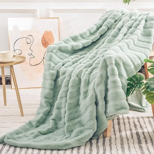NEXHOME PRO Faux Fur Throw Blanket Sage Green, Soft Cozy Plush Fleece Blanket for Sofa Couch Bed Living Room, Dual Sided Blankets for Women Men Kids Twin 60 * 80 Inches