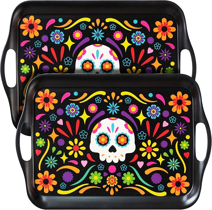 Oasis Choice 2-Pack Day of the Dead Bamboo Fiber Serving Trays - 18x13 Inch Extra Large w/Handles for BBQ, Picnic, Party - Durable Lightweight Serving Platters - Sugar Skull and Marigold Decor (Black)