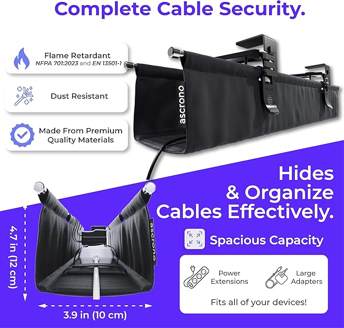 Ascrono Original No Drill Under Desk Cable Management Tray 27.3" - Premium Black Fabric Cable Management Under Desk - Clamp/Screw Mount Cord Organizer - Supports Upto 66lbs