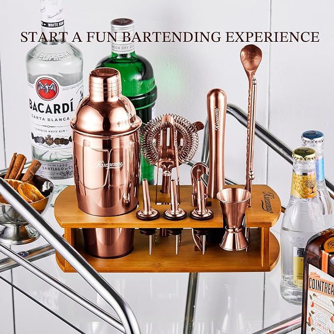 KITESSENSU Cocktail Shaker Set Bartender Kit with Stand - Drink Mixer Bar Set with All Essential Bar Accessory Tools - Martini Shaker Jigger Strainer Mixer Spoon Muddler Liquor Pourers - Rose Gold