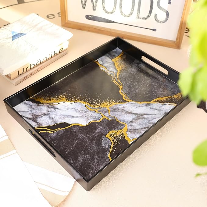 Marble Black Decorative Tray for Coffee Table, Ottoman, Rectangular Plastic Serving Platter Tray with Handles for Entertaining, Outdoor Patio, Living Room Counter, 15.7”*11.8”*1.6”