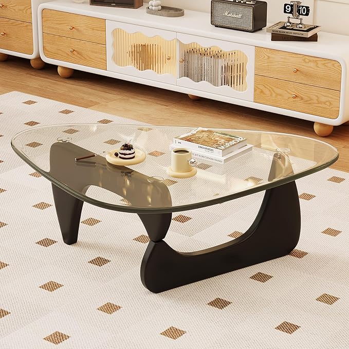 Coffee Table for Living Room Mid Century Modern Center Table with Glass Top and Oak Wood, Transparent/Black