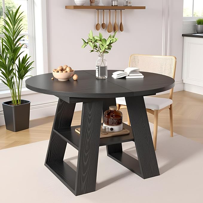 43.3in-59in Extendable Round Dining Table for 2-8,Modern Kitchen Oval Dining Table with Removable Leaves Space Saving,Wood Base with Storage Shelf for Kitchen Living Room (Black Style 2)