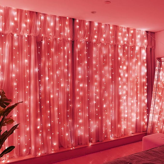 HXWEIYE 300LED Fairy Curtain Lights, 9.8x9.8Ft Red USB Plug in 8 Modes Timer Christmas String Hanging Lights with Remote for Bedroom Backdrop Wedding Party Home Wall Garden Outdoor Indoor Decor