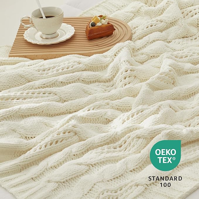 Amélie Home Chunky Knit Throw Blanket, Dual-Sided Soft Chenille Breathable Cable Knitted Blanket for Couch, Farmhouse Decorative Throw for Sofa & Chair, 60"x80", Ivory
